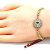 Oro Laminado Adjustable Bolo Bracelet, Gold Filled Style Ball and Evil Eye Design, with Multicolor Micro Pave and Ruby Cubic Zirconia, Polished, Golden Finish, 03.341.0102.11 (04 MM Thickness, 11 Inches Length)