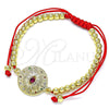 Oro Laminado Adjustable Bolo Bracelet, Gold Filled Style Ball and Evil Eye Design, with Multicolor Micro Pave and Ruby Cubic Zirconia, Polished, Golden Finish, 03.341.0102.11 (04 MM Thickness, 11 Inches Length)