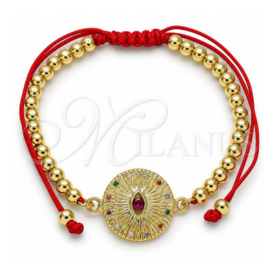 Oro Laminado Adjustable Bolo Bracelet, Gold Filled Style Ball and Evil Eye Design, with Multicolor Micro Pave and Ruby Cubic Zirconia, Polished, Golden Finish, 03.341.0102.11 (04 MM Thickness, 11 Inches Length)