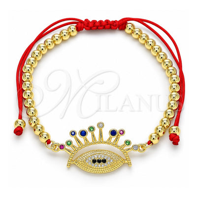 Oro Laminado Adjustable Bolo Bracelet, Gold Filled Style Ball and Evil Eye Design, with Multicolor Micro Pave, Polished, Golden Finish, 03.341.0105.11 (04 MM Thickness, 11 Inches Length)