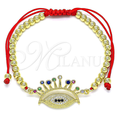 Oro Laminado Adjustable Bolo Bracelet, Gold Filled Style Ball and Evil Eye Design, with Multicolor Micro Pave, Polished, Golden Finish, 03.341.0105.11 (04 MM Thickness, 11 Inches Length)