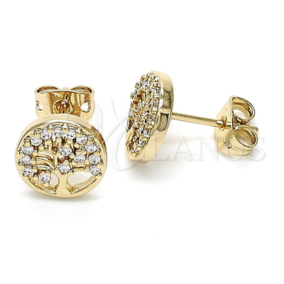 Oro Laminado Stud Earring, Gold Filled Style Tree Design, with White Micro Pave, Polished, Golden Finish for wholesale, main product view