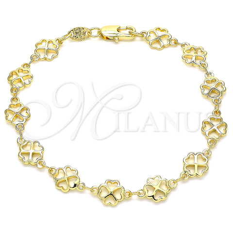 Oro Laminado Fancy Bracelet, Gold Filled Style Four-leaf Clover Design, Polished, Golden Finish, 03.326.0015.07 (08 MM Thickness, 7 Inches Length)