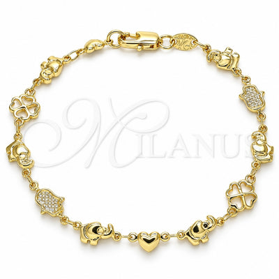 Oro Laminado Fancy Bracelet, Gold Filled Style Elephant and Heart Design, Polished, Golden Finish, 03.326.0016.07 (06 MM Thickness, 7 Inches Length)