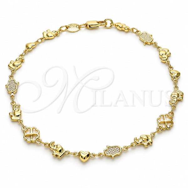 Oro Laminado Fancy Anklet, Gold Filled Style Elephant and Heart Design, Polished, Golden Finish, 03.326.0016.10 (06 MM Thickness, 10 Inches Length)