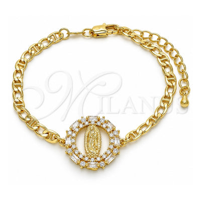 Oro Laminado Fancy Bracelet, Gold Filled Style Guadalupe Design, with White Cubic Zirconia and White Micro Pave, Polished, Golden Finish, 03.210.0146.07 (04 MM Thickness, 7 Inches Length)