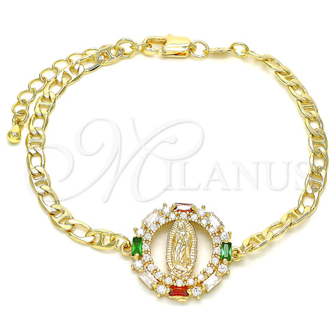 Oro Laminado Fancy Bracelet, Gold Filled Style Guadalupe Design, with Multicolor Cubic Zirconia and White Micro Pave, Polished, Golden Finish, 03.210.0146.1.07 (04 MM Thickness, 7 Inches Length)