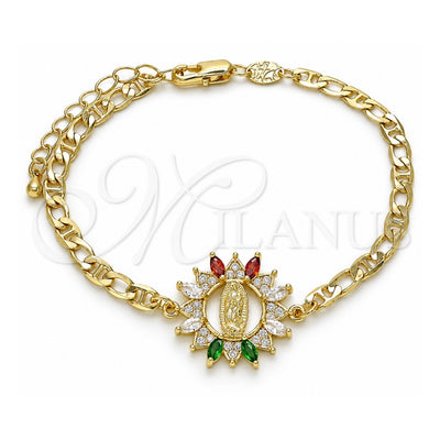 Oro Laminado Fancy Bracelet, Gold Filled Style Guadalupe Design, with Multicolor Cubic Zirconia and White Micro Pave, Polished, Golden Finish, 03.210.0147.1.07 (04 MM Thickness, 7 Inches Length)