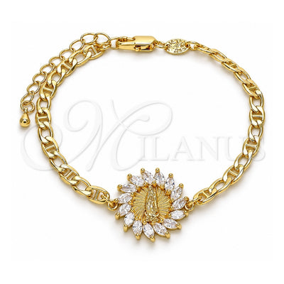 Oro Laminado Fancy Bracelet, Gold Filled Style Guadalupe Design, with White Cubic Zirconia, Polished, Golden Finish, 03.210.0149.07 (04 MM Thickness, 7 Inches Length)