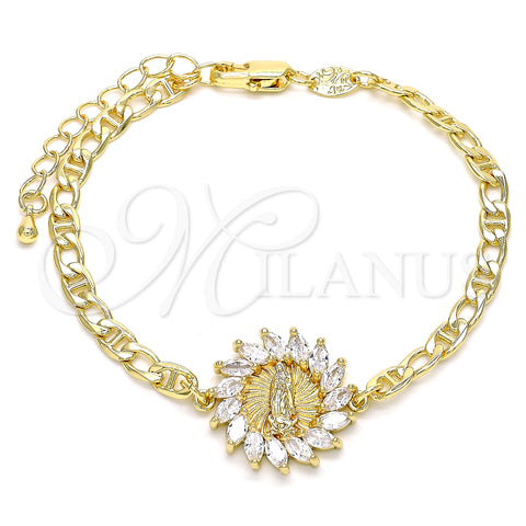 Oro Laminado Fancy Bracelet, Gold Filled Style Guadalupe Design, with White Cubic Zirconia, Polished, Golden Finish, 03.210.0149.07 (04 MM Thickness, 7 Inches Length)