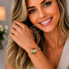 Oro Laminado Fancy Bracelet, Gold Filled Style Guadalupe Design, with Multicolor Cubic Zirconia, Polished, Golden Finish, 03.210.0149.1.07 (04 MM Thickness, 7 Inches Length)