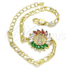 Oro Laminado Fancy Bracelet, Gold Filled Style Guadalupe Design, with Multicolor Cubic Zirconia, Polished, Golden Finish, 03.210.0149.1.07 (04 MM Thickness, 7 Inches Length)