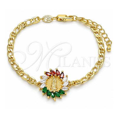 Oro Laminado Fancy Bracelet, Gold Filled Style Guadalupe Design, with Multicolor Cubic Zirconia, Polished, Golden Finish, 03.210.0149.1.07 (04 MM Thickness, 7 Inches Length)