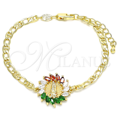 Oro Laminado Fancy Bracelet, Gold Filled Style Guadalupe Design, with Multicolor Cubic Zirconia, Polished, Golden Finish, 03.210.0149.1.07 (04 MM Thickness, 7 Inches Length)