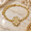 Oro Laminado Fancy Bracelet, Gold Filled Style San Judas Design, with White Cubic Zirconia and White Micro Pave, Polished, Golden Finish, 03.210.0150.07 (04 MM Thickness, 7 Inches Length)
