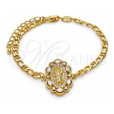 Oro Laminado Fancy Bracelet, Gold Filled Style San Judas Design, with White Cubic Zirconia and White Micro Pave, Polished, Golden Finish, 03.210.0150.07 (04 MM Thickness, 7 Inches Length)