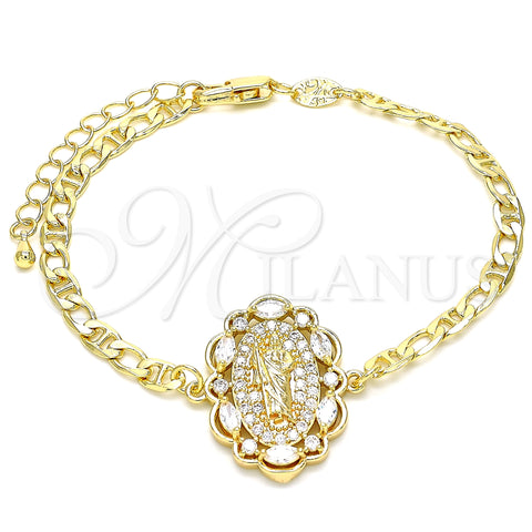 Oro Laminado Fancy Bracelet, Gold Filled Style San Judas Design, with White Cubic Zirconia and White Micro Pave, Polished, Golden Finish, 03.210.0150.07 (04 MM Thickness, 7 Inches Length)