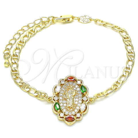 Oro Laminado Fancy Bracelet, Gold Filled Style San Judas Design, with Multicolor Cubic Zirconia and White Micro Pave, Polished, Golden Finish, 03.210.0150.1.07 (04 MM Thickness, 7 Inches Length)