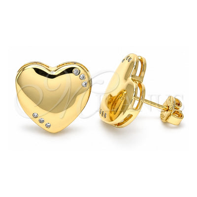Oro Laminado Stud Earring, Gold Filled Style Heart Design, with White Micro Pave, Polished, Golden Finish, 02.156.0459
