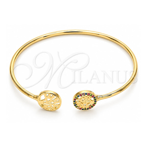 Oro Laminado Individual Bangle, Gold Filled Style Tree Design, with Multicolor Micro Pave, Polished, Golden Finish, 07.156.0066.1 (02 MM Thickness, One size fits all)