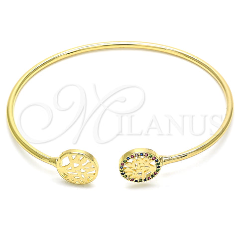 Oro Laminado Individual Bangle, Gold Filled Style Tree Design, with Multicolor Micro Pave, Polished, Golden Finish, 07.156.0066.1 (02 MM Thickness, One size fits all)