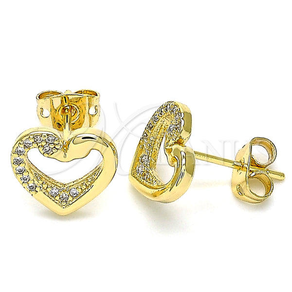 Oro Laminado Stud Earring, Gold Filled Style Heart and Swan Design, with White Micro Pave, Polished, Golden Finish, 02.342.0087