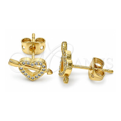 Oro Laminado Stud Earring, Gold Filled Style Heart Design, with White Micro Pave, Polished, Golden Finish, 02.342.0090