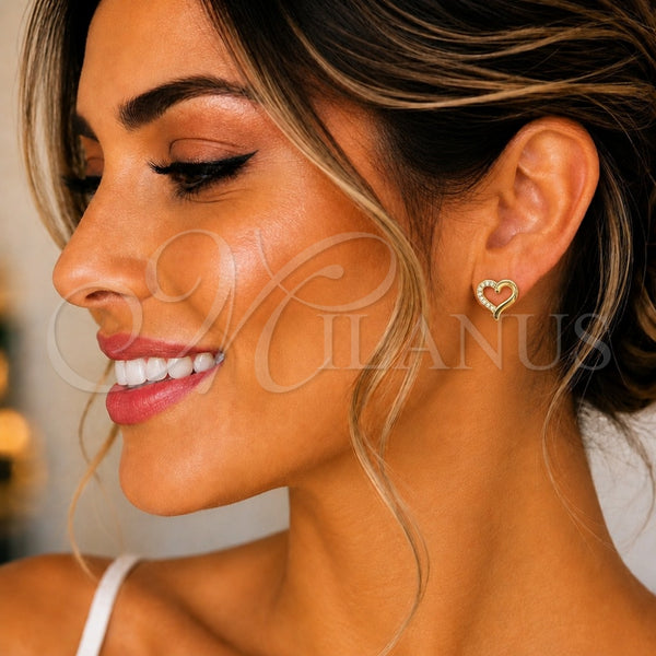 Oro Laminado Stud Earring, Gold Filled Style Heart Design, with White Micro Pave, Polished, Golden Finish, 02.342.0091