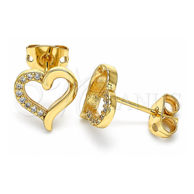 Oro Laminado Stud Earring, Gold Filled Style Heart Design, with White Micro Pave, Polished, Golden Finish, 02.342.0091
