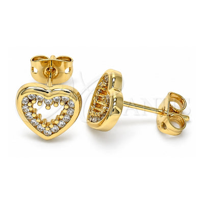 Oro Laminado Stud Earring, Gold Filled Style Heart Design, with White Micro Pave, Polished, Golden Finish, 02.342.0094