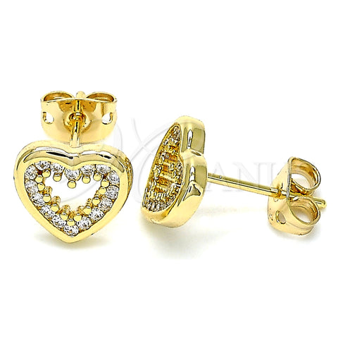 Oro Laminado Stud Earring, Gold Filled Style Heart Design, with White Micro Pave, Polished, Golden Finish, 02.342.0094