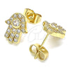 Oro Laminado Stud Earring, Gold Filled Style Hand of God and Judaica Design, with White Micro Pave, Polished, Golden Finish, 02.210.0401