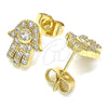 Oro Laminado Stud Earring, Gold Filled Style Hand of God Design, with White Micro Pave, Polished, Golden Finish, 02.210.0401