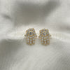 Oro Laminado Stud Earring, Gold Filled Style Hand of God and Judaica Design, with White Micro Pave, Polished, Golden Finish, 02.210.0401
