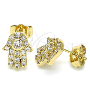 Oro Laminado Stud Earring, Gold Filled Style Hand of God and Judaica Design, with White Micro Pave, Polished, Golden Finish, 02.210.0401