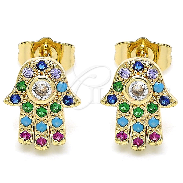 Oro Laminado Stud Earring, Gold Filled Style Hand of God and Judaica Design, with Multicolor Micro Pave, Polished, Golden Finish, 02.210.0401.1