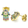 Oro Laminado Stud Earring, Gold Filled Style Hand of God and Judaica Design, with Multicolor Micro Pave, Polished, Golden Finish, 02.210.0401.1