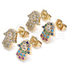 Oro Laminado Stud Earring, Gold Filled Style Hand of God and Judaica Design, with Multicolor Micro Pave, Polished, Golden Finish, 02.210.0401.1