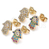 Oro Laminado Stud Earring, Gold Filled Style Hand of God Design, with Multicolor Micro Pave, Polished, Golden Finish, 02.210.0401.1