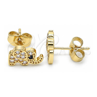 Oro Laminado Stud Earring, Gold Filled Style Elephant Design, with White Micro Pave, Polished, Golden Finish, 02.210.0402