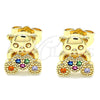 Oro Laminado Stud Earring, Gold Filled Style Teddy Bear Design, with Multicolor Micro Pave, Polished, Golden Finish, 02.210.0403.1