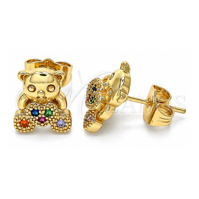 Oro Laminado Stud Earring, Gold Filled Style Teddy Bear Design, with Multicolor Micro Pave, Polished, Golden Finish, 02.210.0403.1