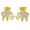 Oro Laminado Stud Earring, Gold Filled Style Elephant Design, with White Micro Pave, Polished, Golden Finish, 02.210.0405