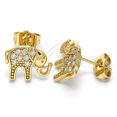 Oro Laminado Stud Earring, Gold Filled Style Elephant Design, with White Micro Pave, Polished, Golden Finish, 02.210.0405