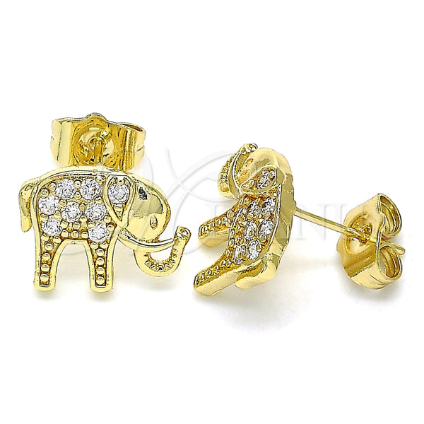 Oro Laminado Stud Earring, Gold Filled Style Elephant Design, with White Micro Pave, Polished, Golden Finish, 02.210.0405