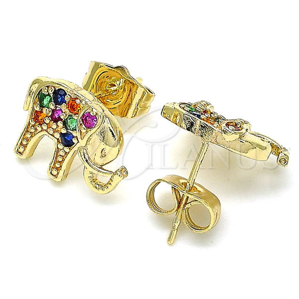 Oro Laminado Stud Earring, Gold Filled Style Elephant Design, with Multicolor Micro Pave, Polished, Golden Finish, 02.210.0405.1