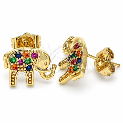 Oro Laminado Stud Earring, Gold Filled Style Elephant Design, with Multicolor Micro Pave, Polished, Golden Finish, 02.210.0405.1