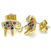 Oro Laminado Stud Earring, Gold Filled Style Elephant Design, with Multicolor Micro Pave, Polished, Golden Finish, 02.210.0405.1