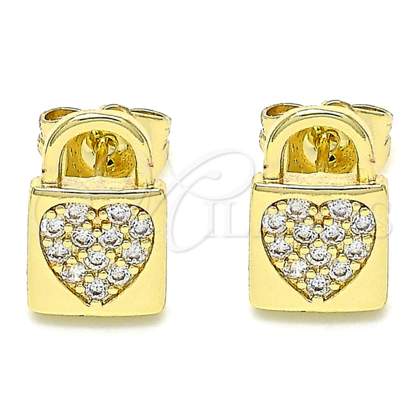 Oro Laminado Stud Earring, Gold Filled Style Lock and Heart Design, with White Micro Pave, Polished, Golden Finish, 02.210.0406