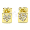 Oro Laminado Stud Earring, Gold Filled Style Lock and Heart Design, with White Micro Pave, Polished, Golden Finish, 02.210.0406